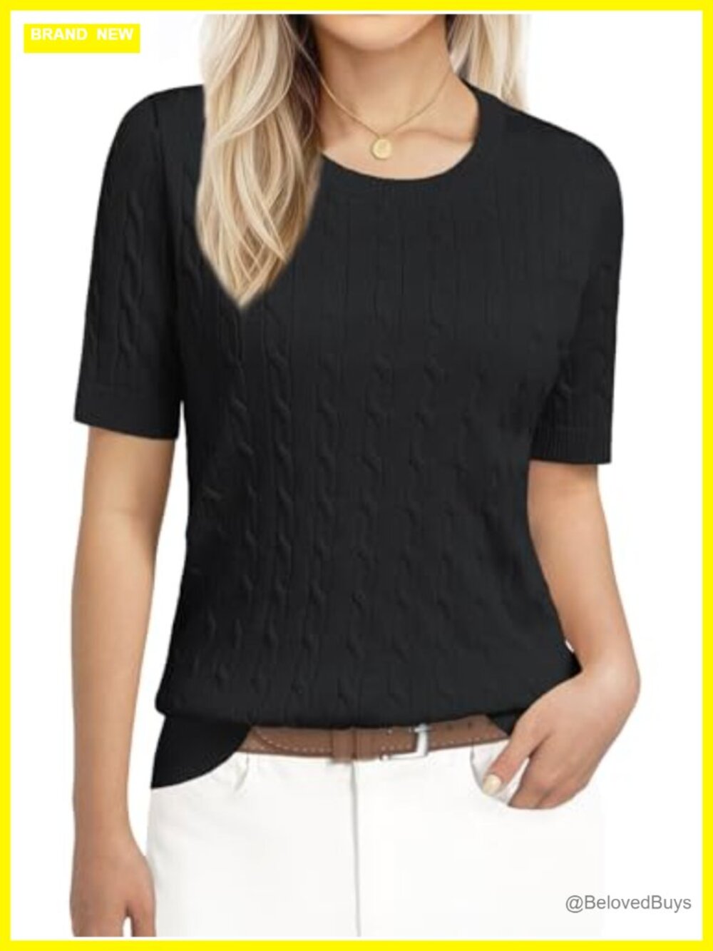 Womens Short Sleeve Cable Knit Sweater Lightweight Ribbed Pullover Office Casual